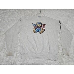 Vintage Teddy Bear American Flag  L Sweatshirt Crewneck Pullover Gray‎ Distress